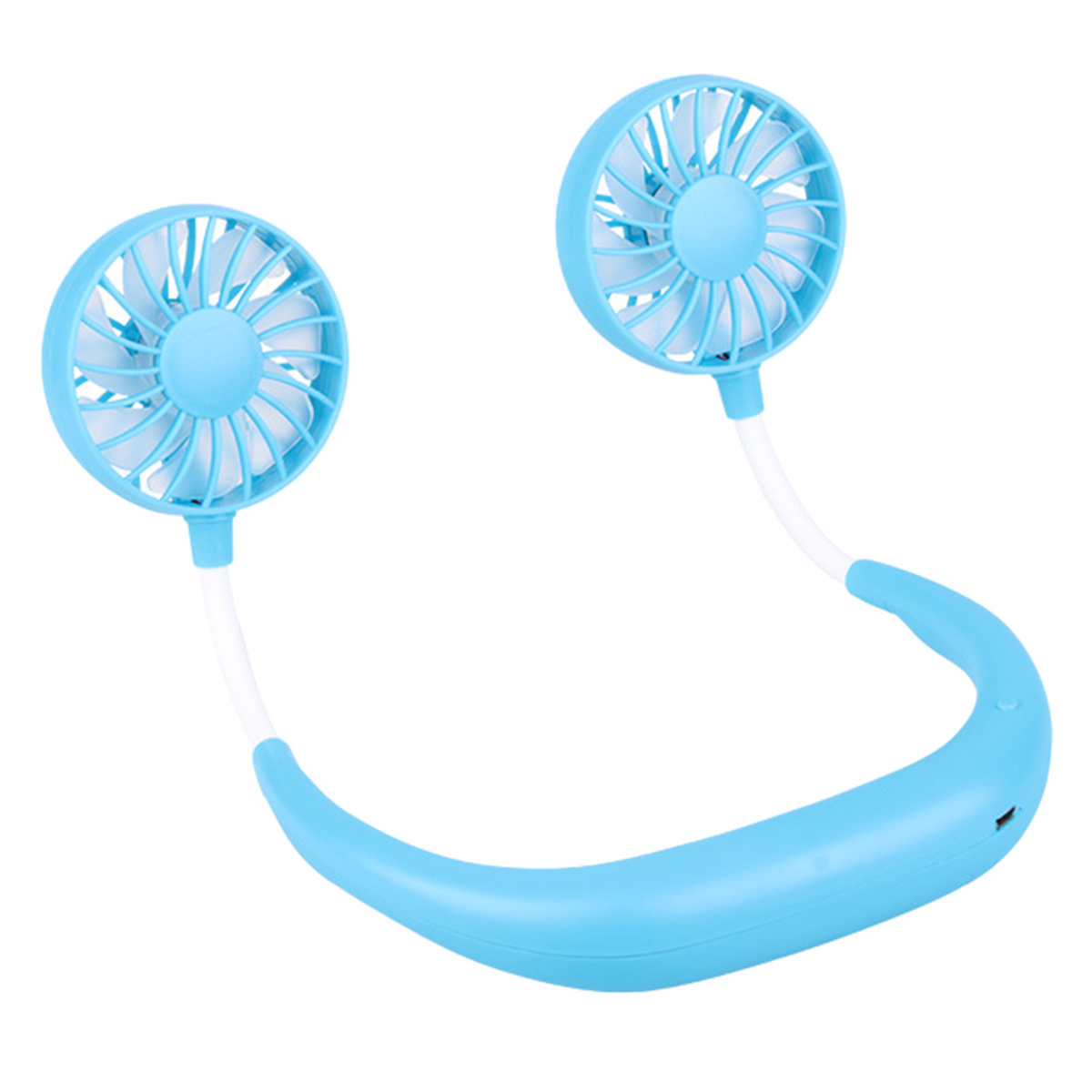 Ein blauer Nackenventilator mit zwei Ventilatoren. Es hat ein gebogenes Nackenband. Der Hintergrund ist weiß.