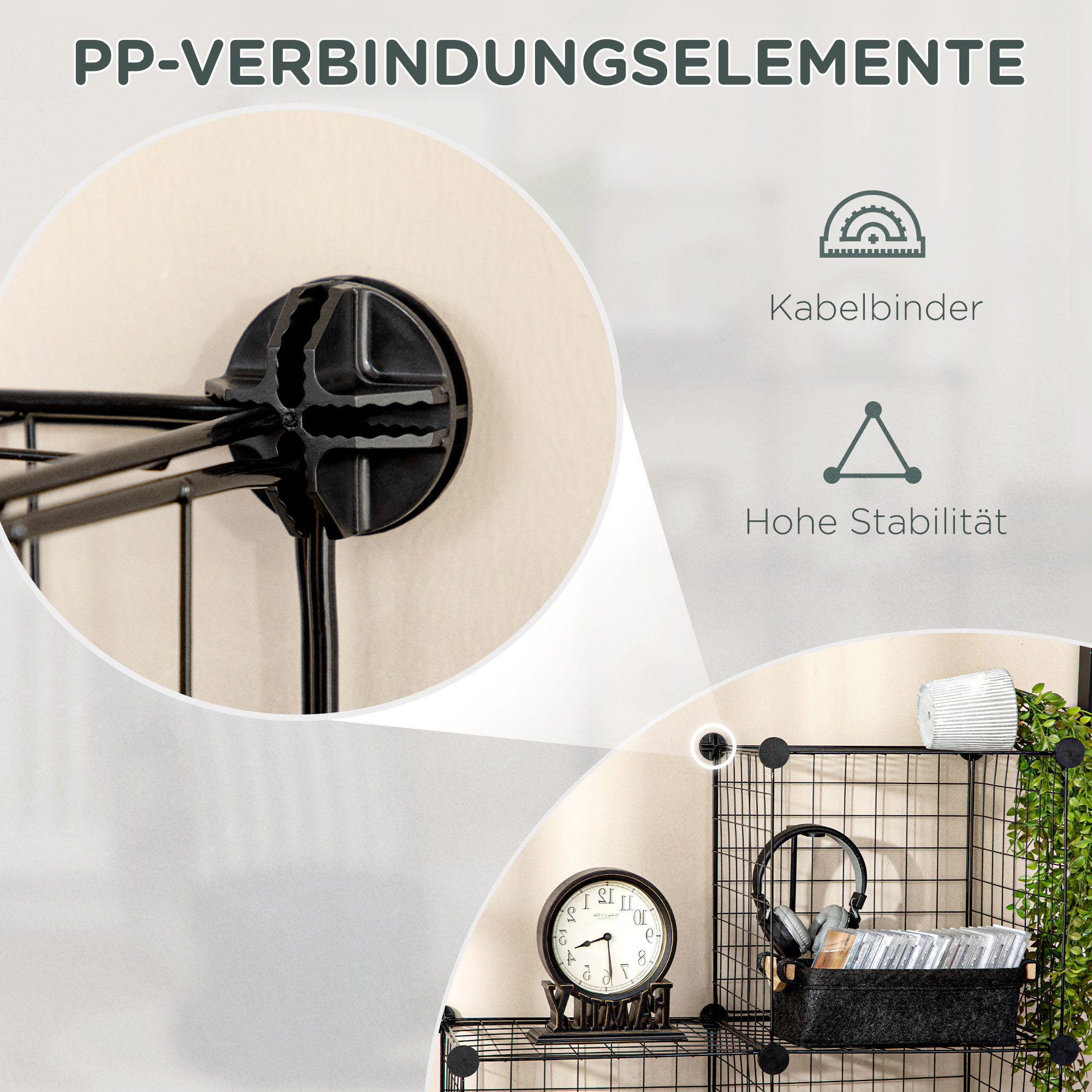 PP-Eckverbinder, die schwarze Metallgitterregale verbinden. Text: Kabelbinder, Hohe Stabilität.