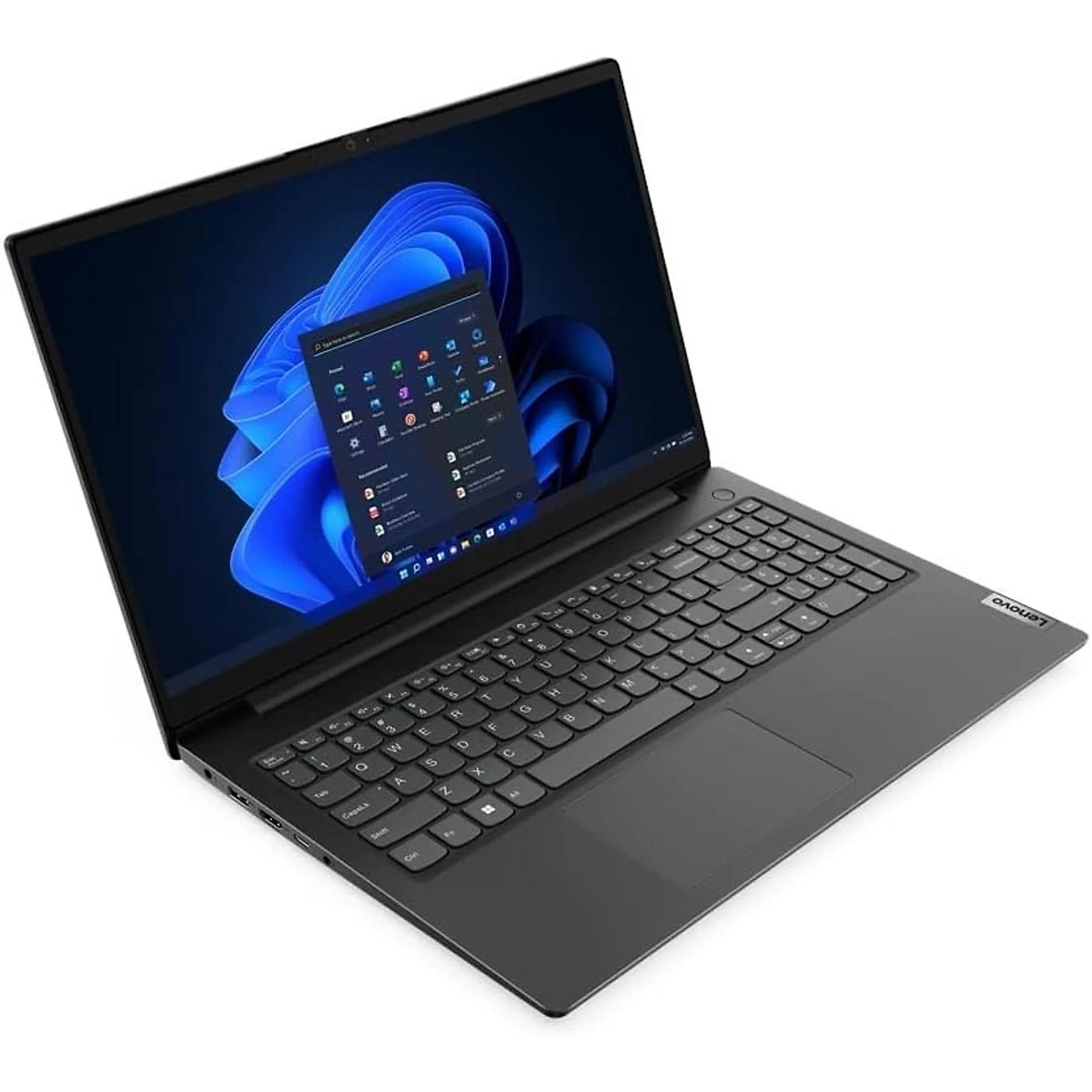 Schwarzer Laptop mit Bildschirm, der die Windows 11 Oberfläche zeigt. Tastatur und Touchpad sichtbar.