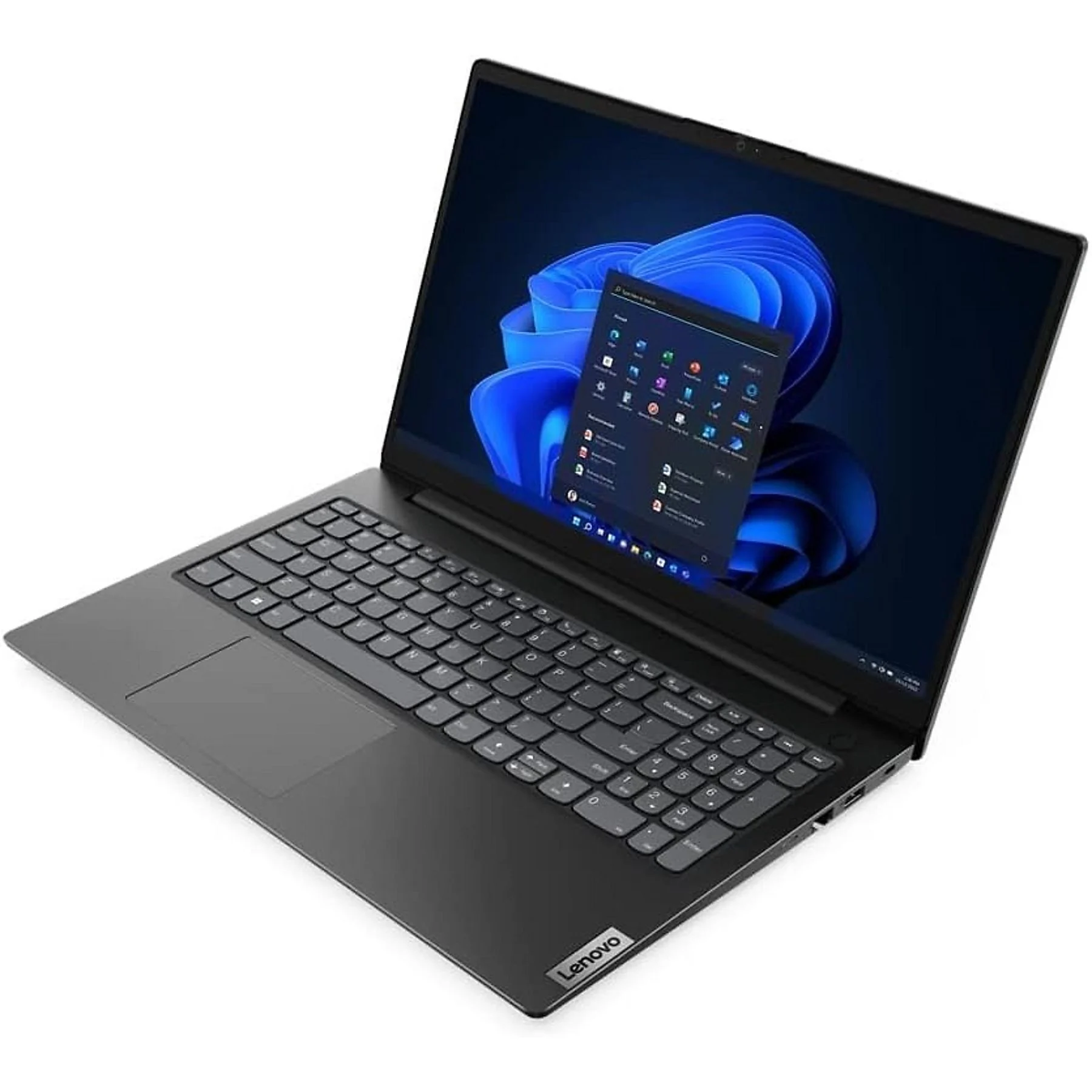 Laptop auf weißer Oberfläche. Schwarzer Laptop mit Windows 11-Oberfläche. Lenovo-Logo sichtbar.