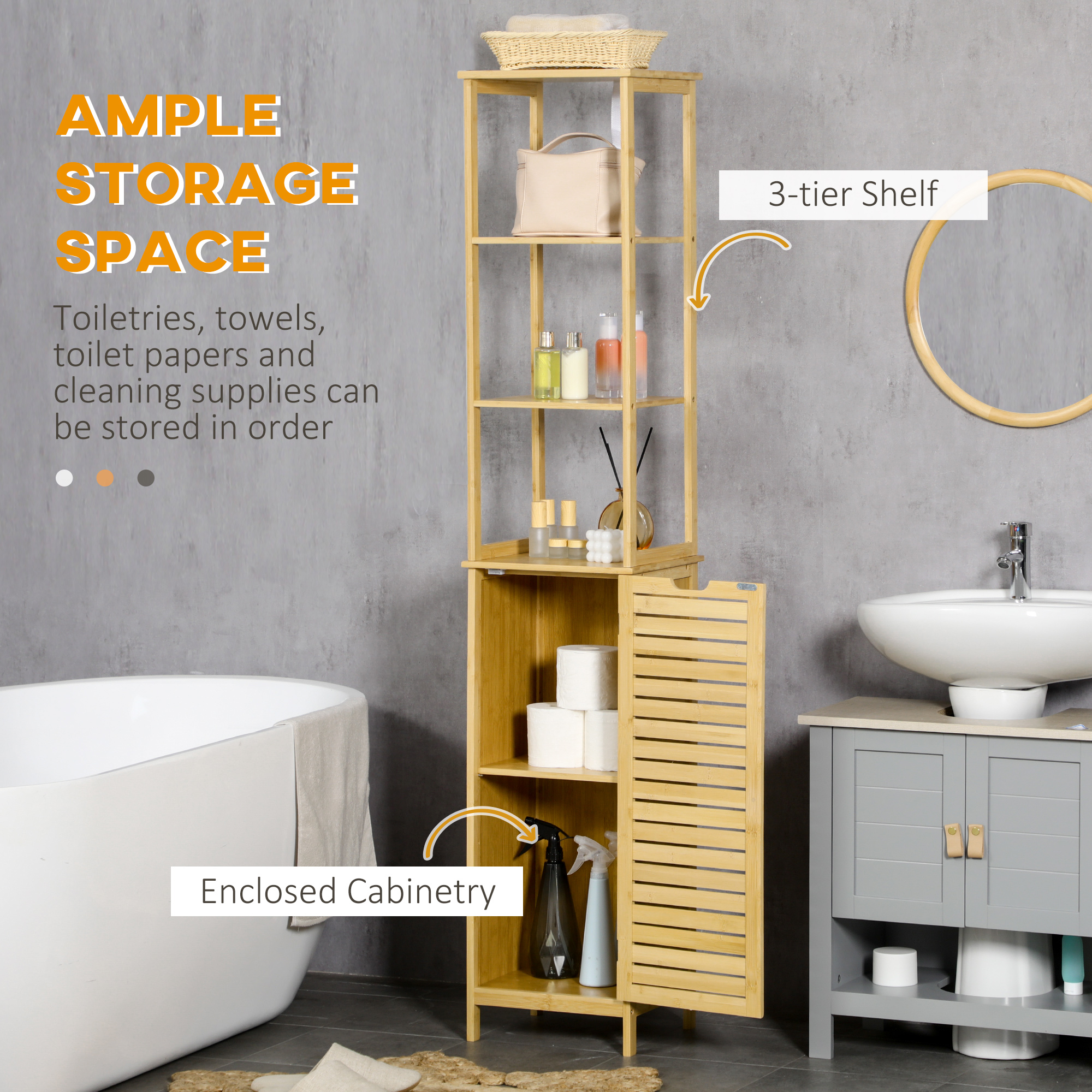Ein Bambus-Badregal mit einem geschlossenen Schrank. Es enthält Toilettenartikel und Handtücher. Ein Spiegel und ein Waschbecken sind im Hintergrund.