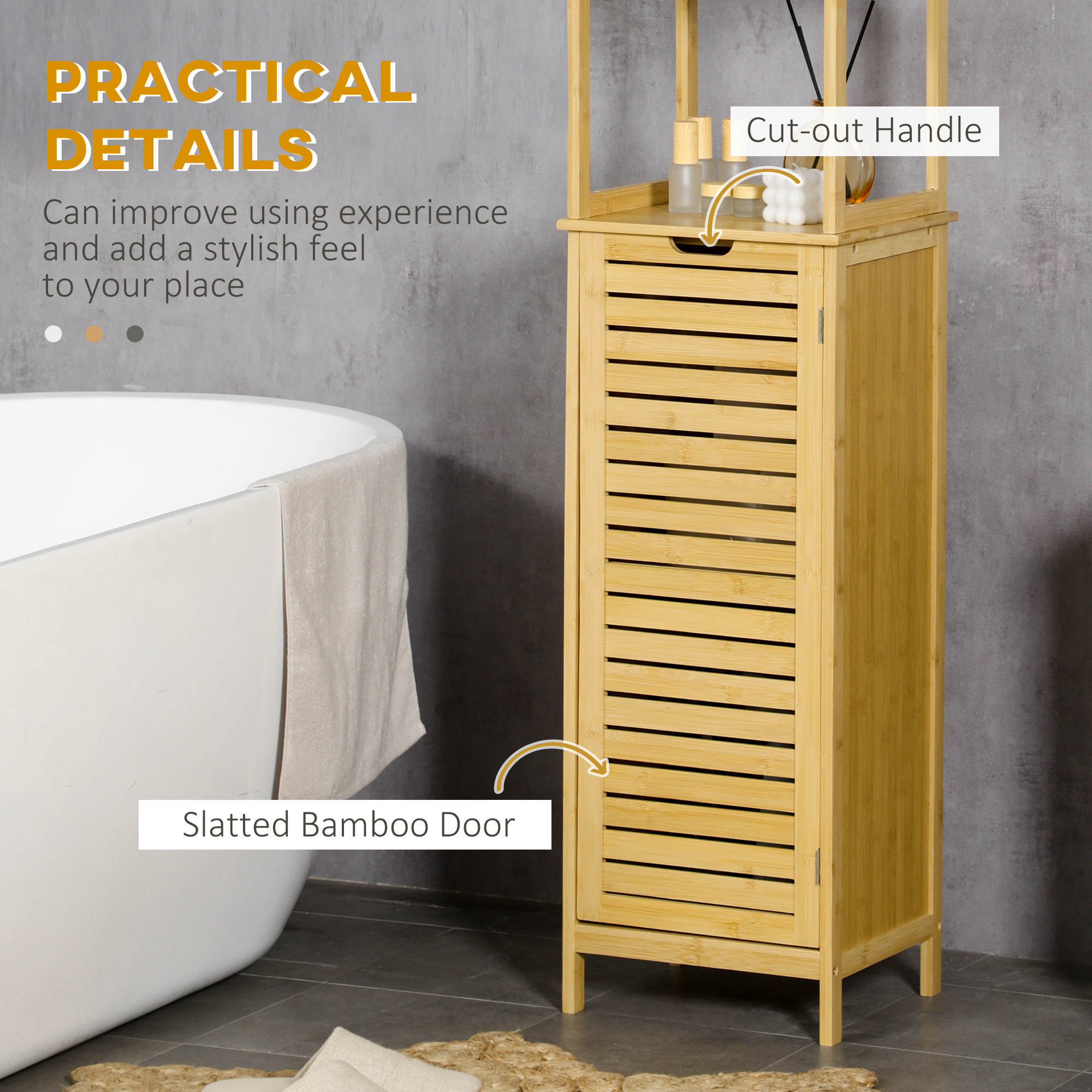 Ein Bambus-Badregal mit einem geschlossenen Schrank. Es hat eine Lamellentür aus Bambus. Eine Badewanne ist im Hintergrund.