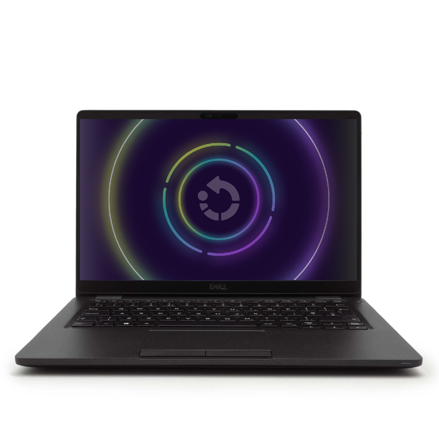 Ein schwarzer Laptop mit einem Dell-Logo auf dem Bildschirm. Der Bildschirm hat ein farbenfrohes Muster.