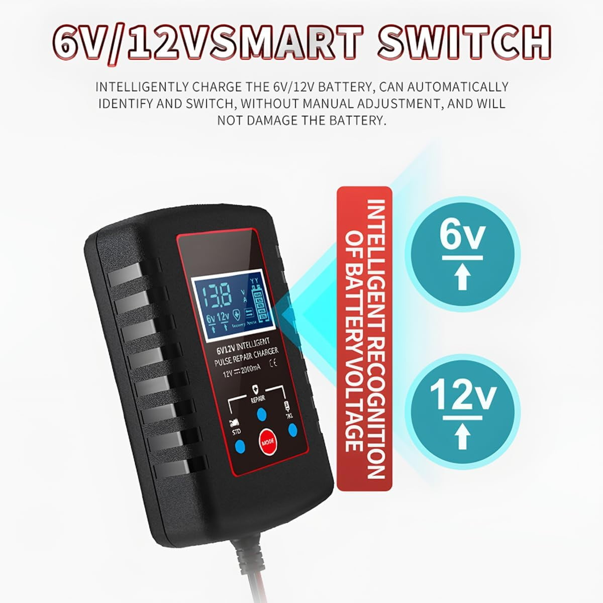 Ein schwarzes Batterieladegerät mit digitaler Anzeige und Kabeln. Text lautet: „6V/12V SMART SWITCH“ und „INTELLIGENT RECOGNITION“.