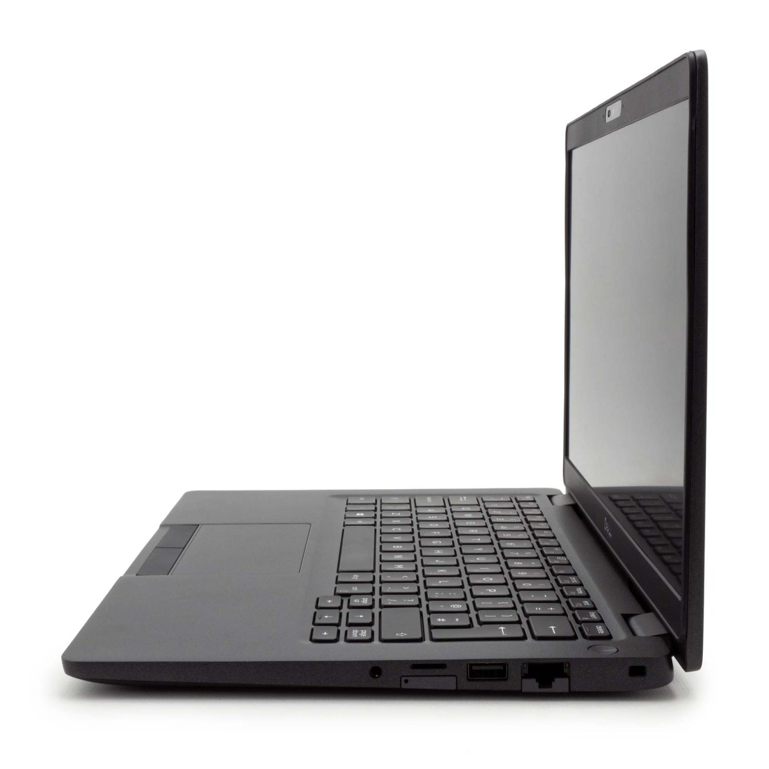 Schwarzer Laptop, Seitenansicht, geöffnet, Tastatur, Touchpad und Bildschirm zeigend, weißer Hintergrund.