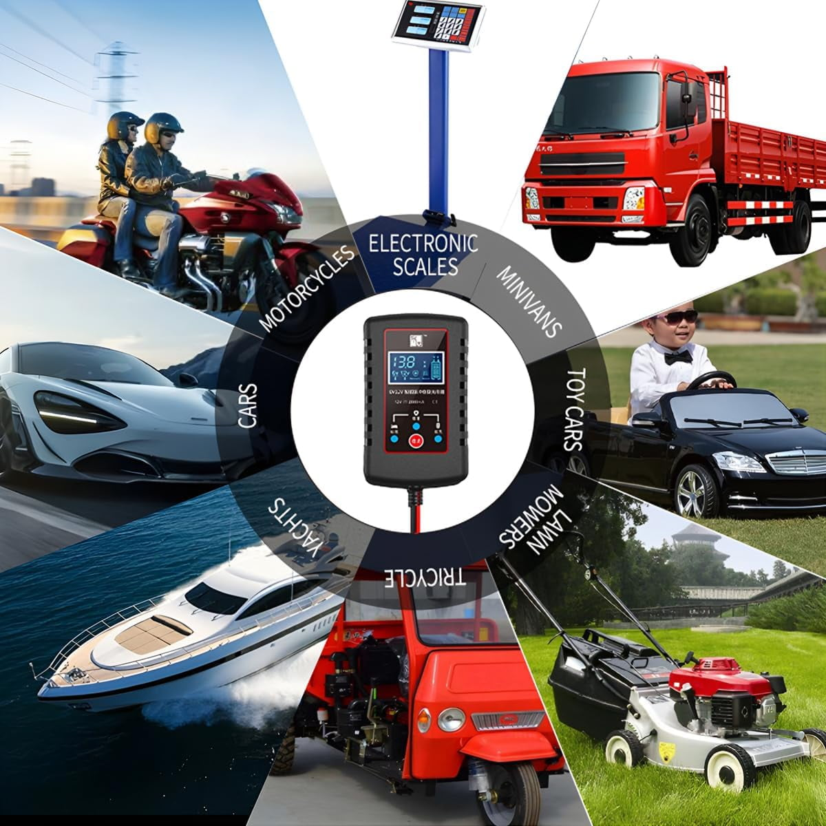 Verschiedene Fahrzeuge und eine elektronische Waage, darunter Autos, Lastwagen und ein Motorrad.