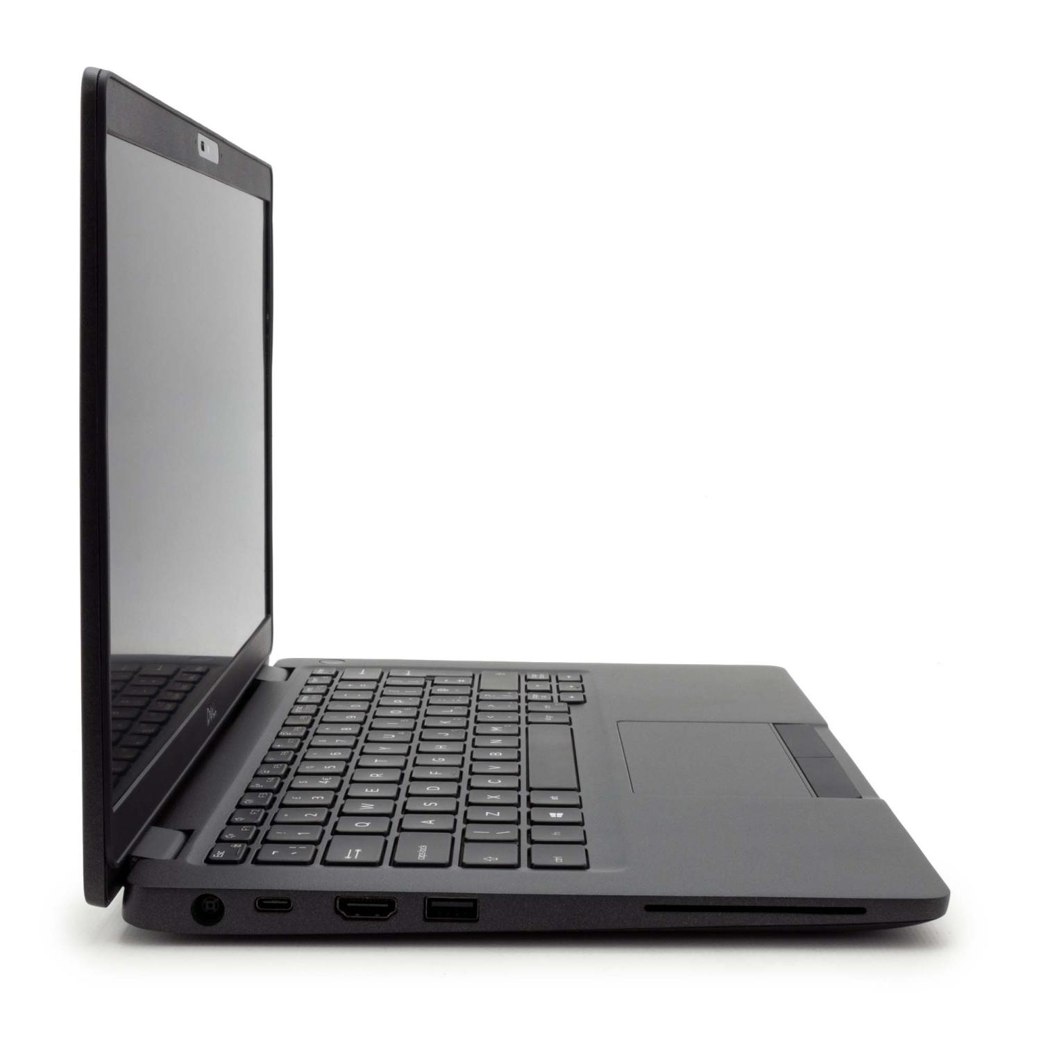 Schwarzer Laptop, Seitenansicht, geöffnet, Tastatur, Touchpad und Bildschirm zeigend, weißer Hintergrund.