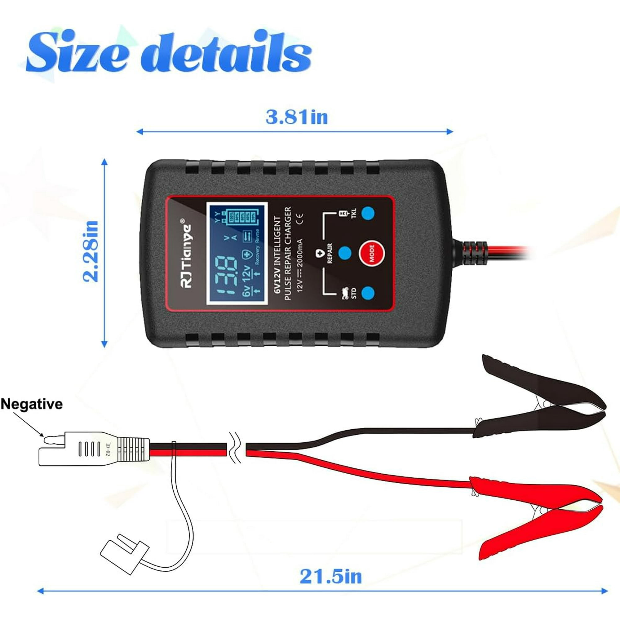 Schwarz-rotes Batterieladegerät mit Abmessungen und Kabeldetails, zeigt ein Display.