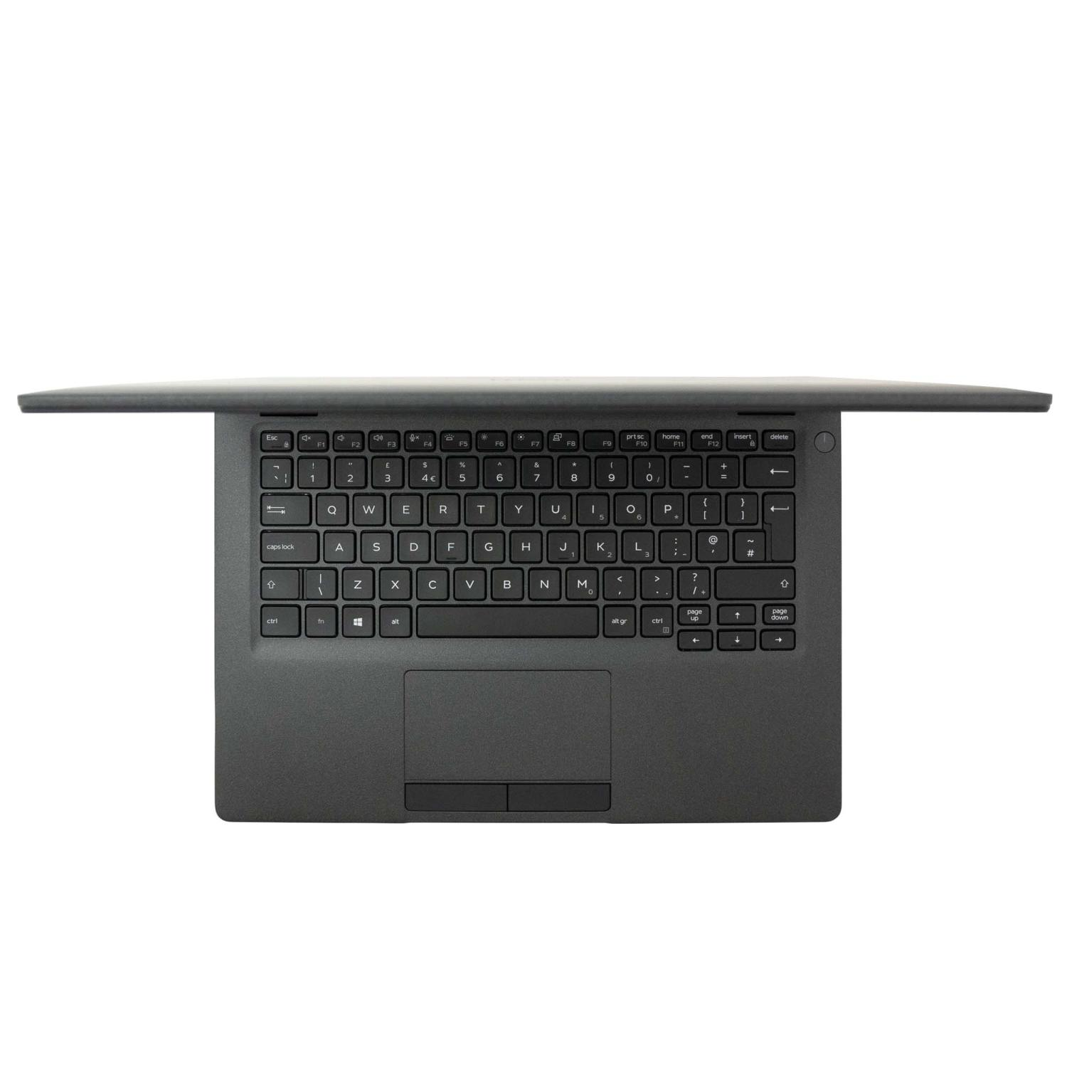Laptop von oben, schwarz, geöffnet, Tastatur und Touchpad zeigend, weißer Hintergrund.