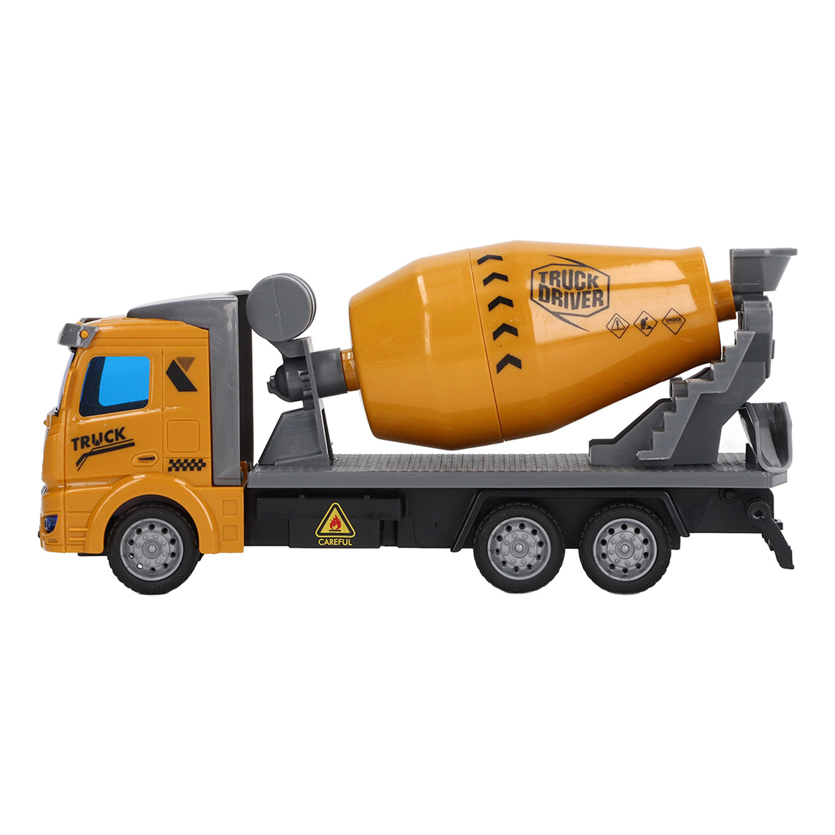 Ein gelber und grauer Spielzeug-Zementmischer. Er hat einen rotierenden Mischer und den Text "TRUCK DRIVER".