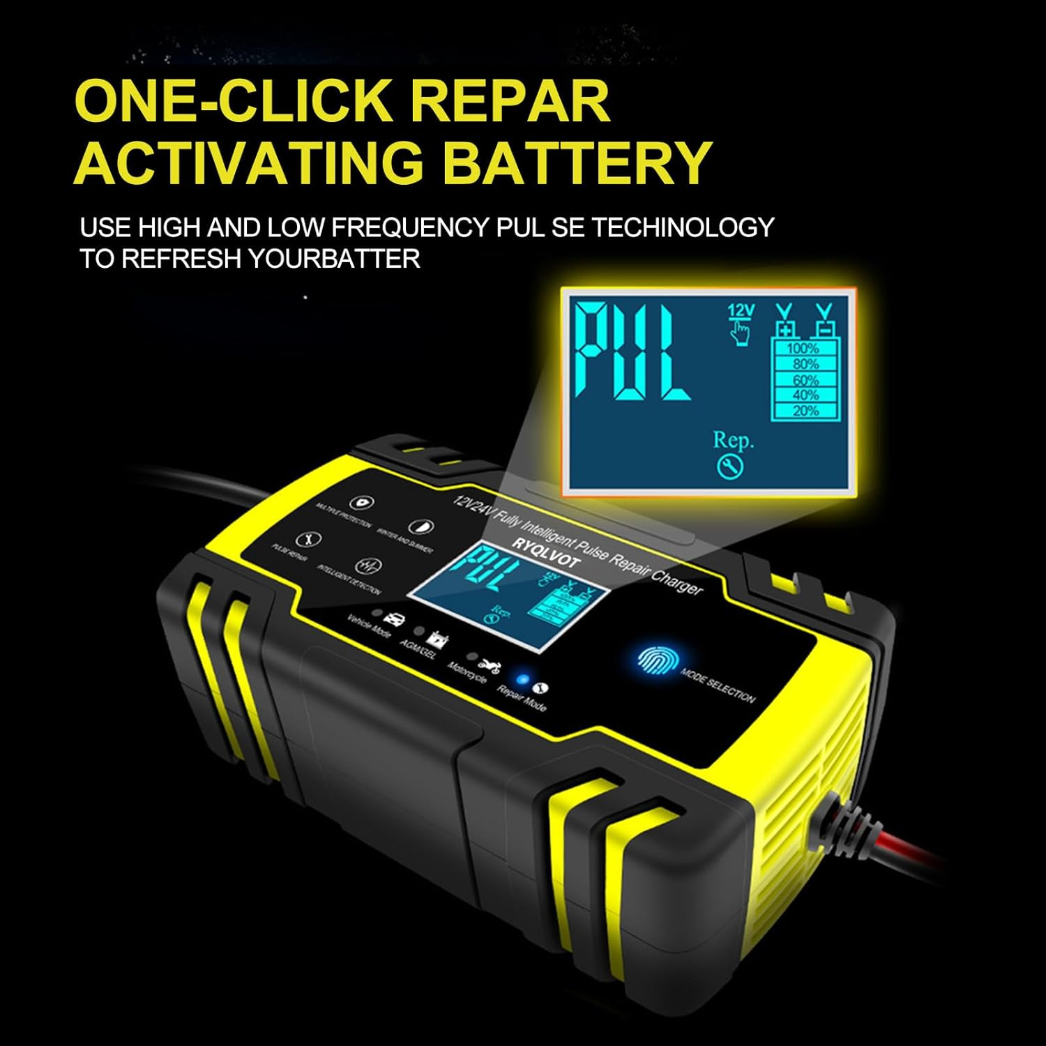 Ein gelbes und schwarzes Batterieladegerät. Das Ladegerät hat ein digitales Display und Knöpfe. Text zeigt "ONE-CLICK REPAIR".