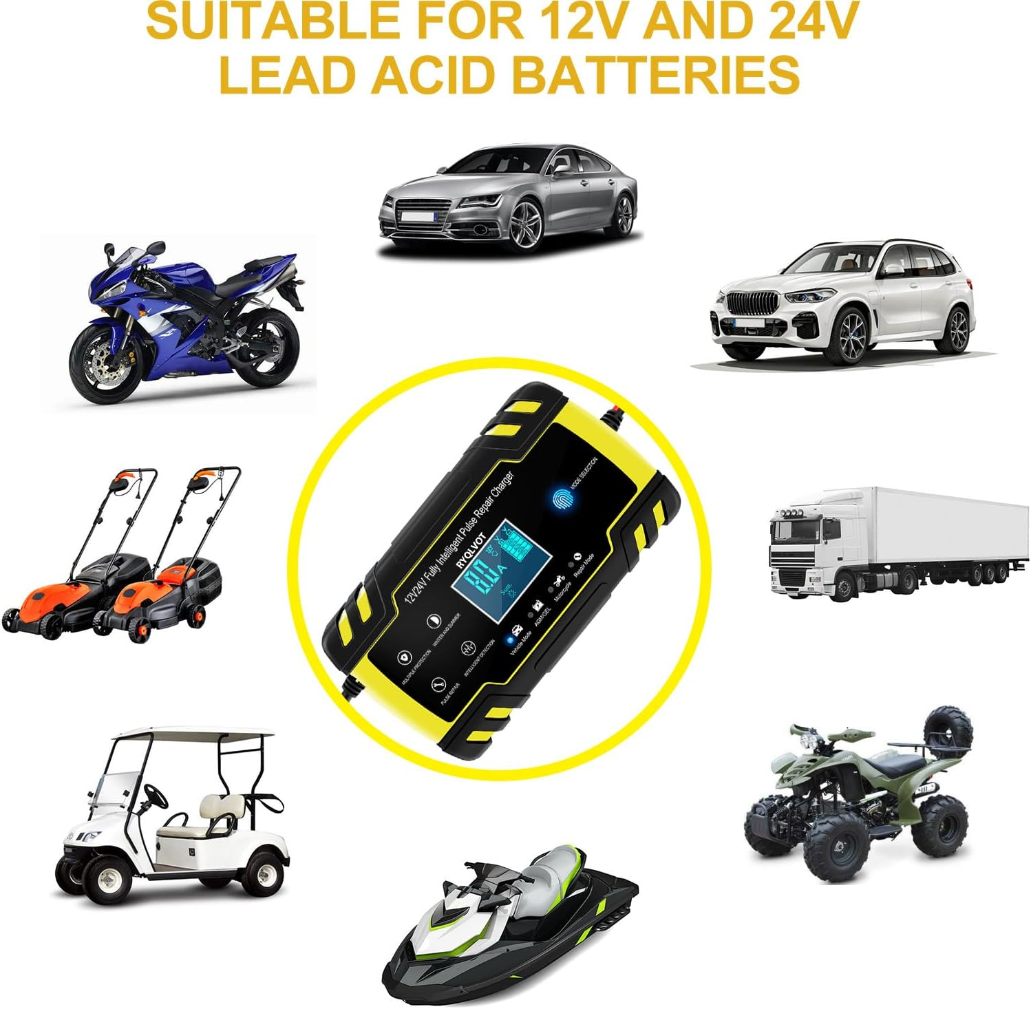 Ladegerät mit verschiedenen Fahrzeugen, geeignet für Blei-Säure-Batterien.