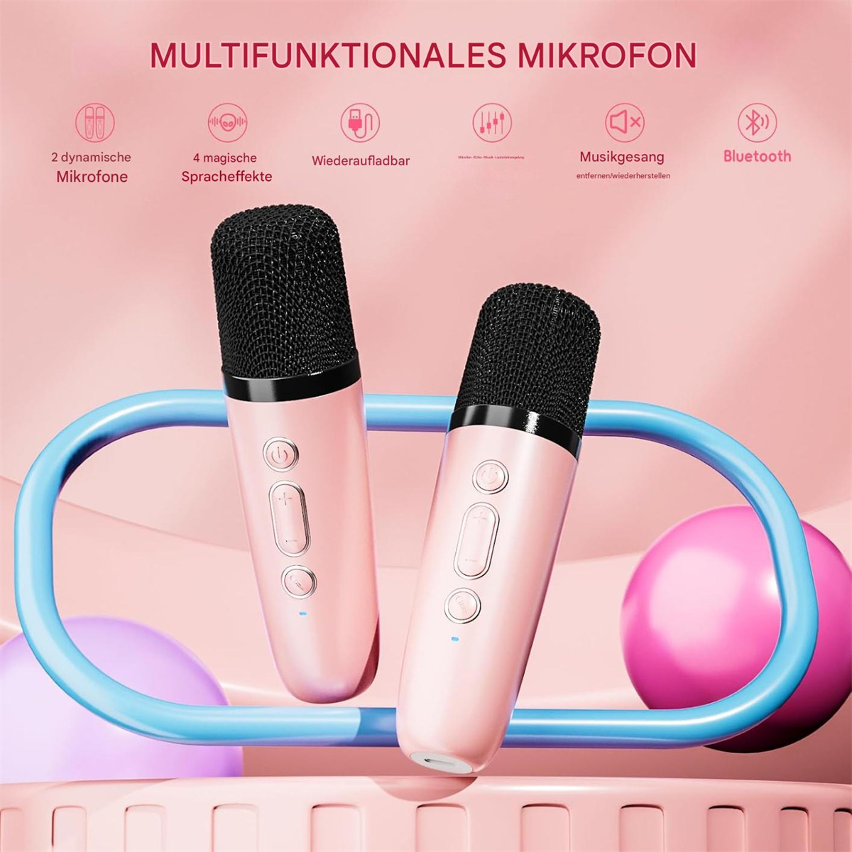 Zwei pinke Mikrofone mit blauem Bogen, pinken und lila Kugeln und hellem Hintergrund.