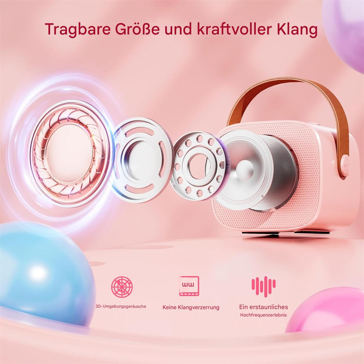 Rosa Lautsprecherkomponenten: Lautsprecher und ein Griff. Text auf Deutsch über Klangqualität und Funktionen.