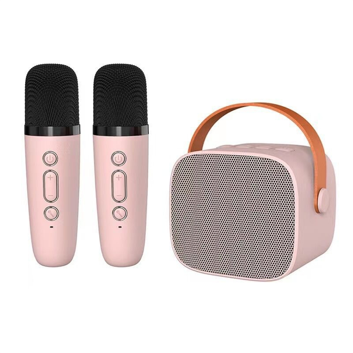 Zwei rosa Mikrofone und ein rosa Lautsprecher. Der Lautsprecher hat einen orangenen Griff und ein Gitterdesign.