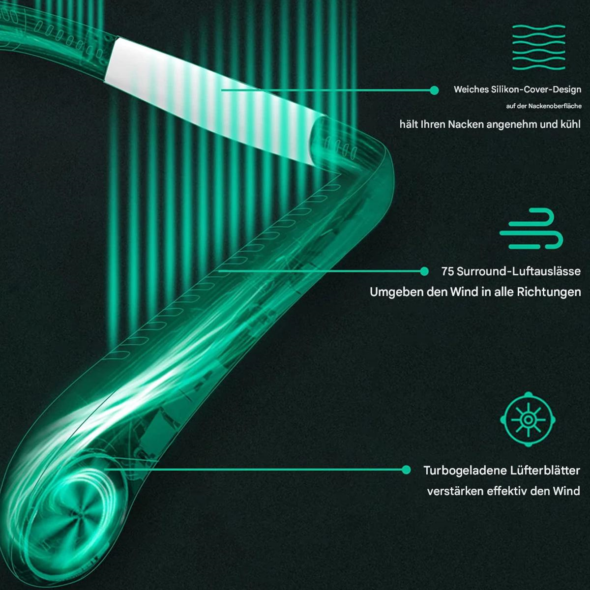 Nahaufnahme eines Nackenventilators mit Textbeschriftungen. Er hat ein weißes Nackenband und ein grünes Luftstromdesign.