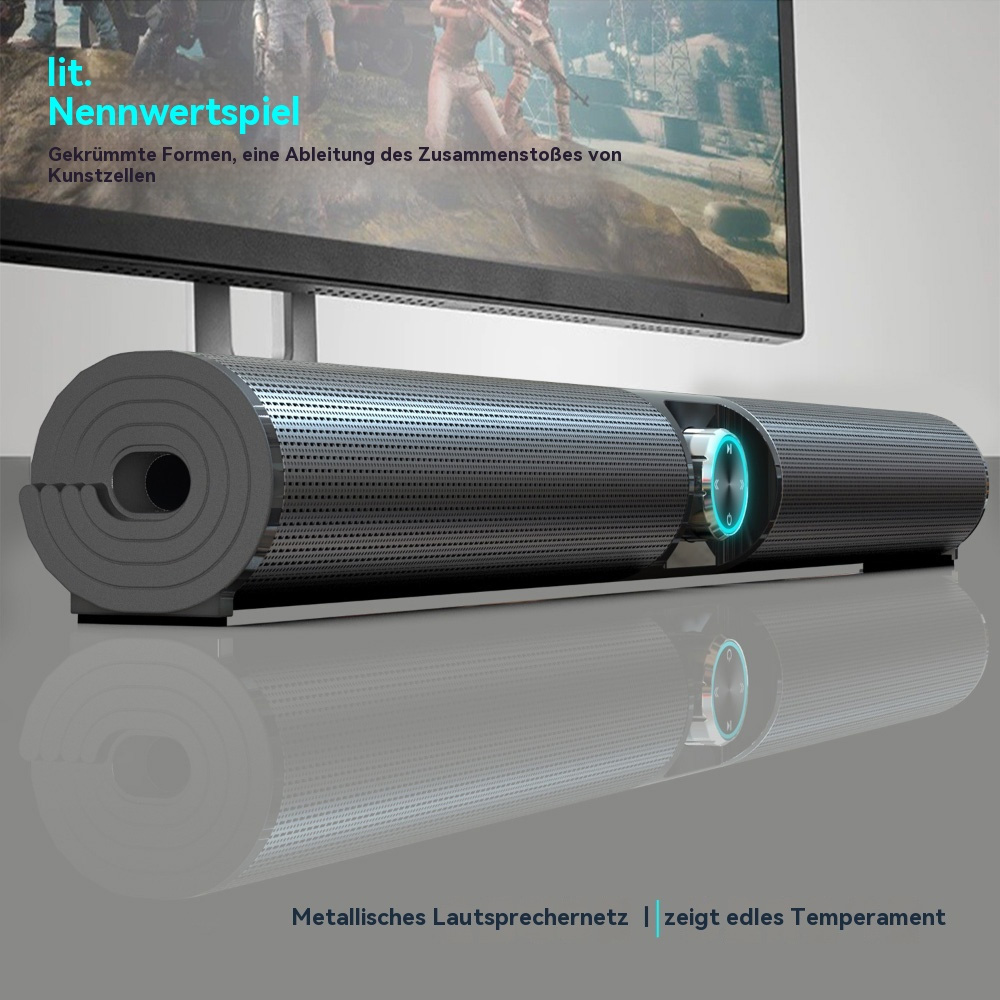 Soundbar auf einer Oberfläche, mit einem Fernseher im Hintergrund. Text auf dem Bildschirm.