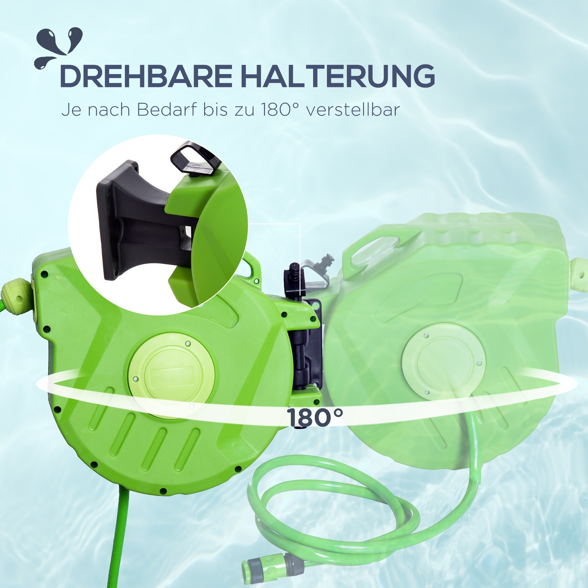 Grüne Gartenschlauchhaspel mit 180-Grad-Schwenkfunktion. Wasserhintergrund.