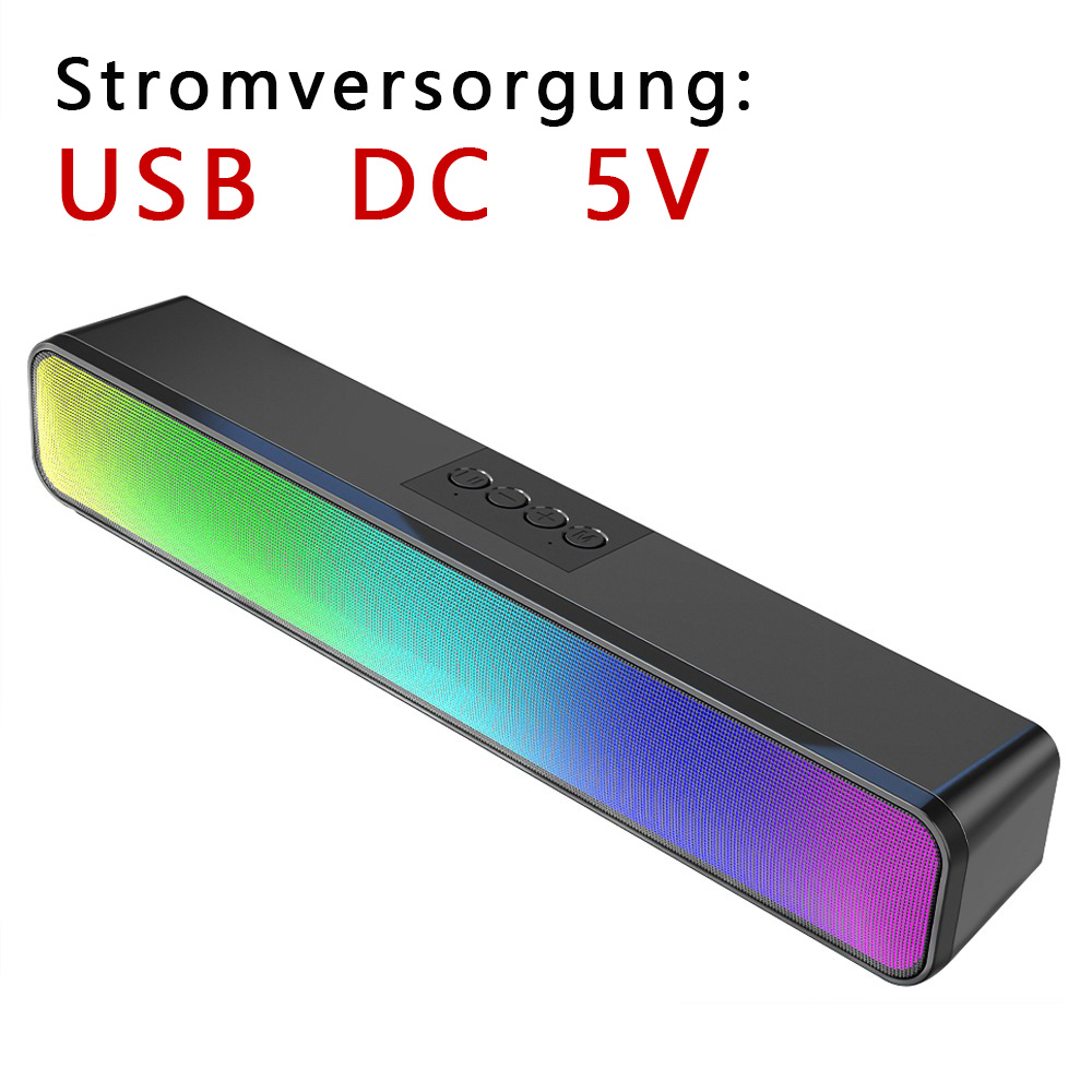 Schwarze Soundbar mit Regenbogen-LED-Lichtleiste. Text: USB DC 5V.