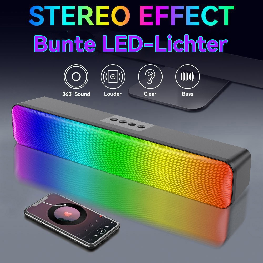 Soundbar mit bunten Lichtern, ein Telefon auf dem Boden. Die Soundbar ist schwarz und hat Knöpfe.