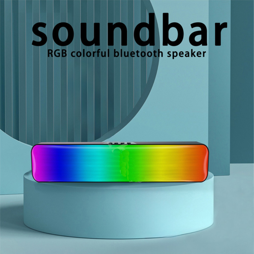 Soundbar mit RGB-Lichtern auf einem blauen Ständer. Der Text oben lautet 'Soundbar'.