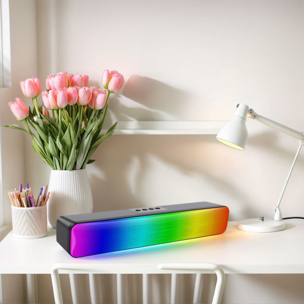 Soundbar mit Regenbogen-LED-Lichtleiste auf einem Schreibtisch. Blumen und eine Lampe sind sichtbar.
