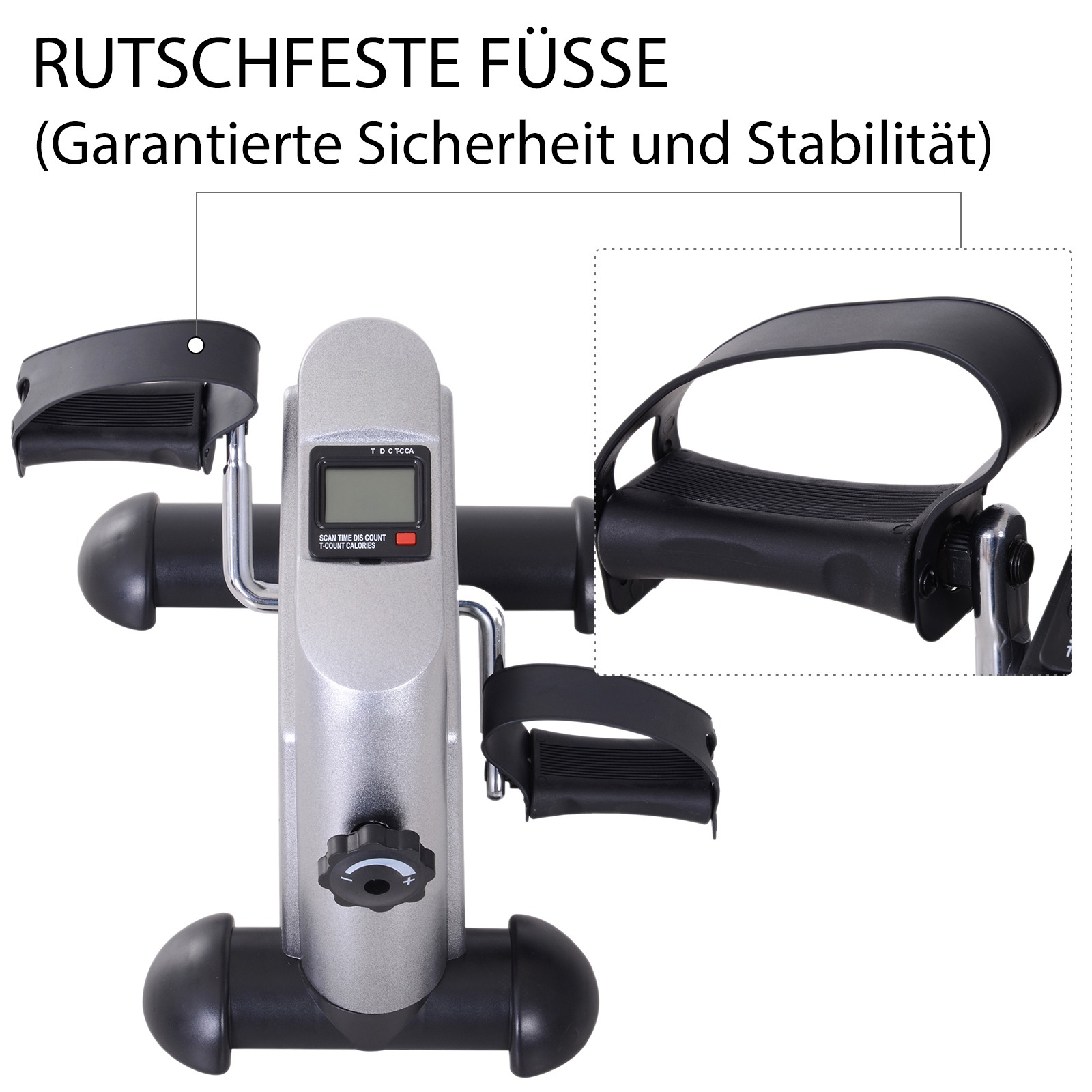 Silbernes Mini-Heimtrainer. Zeigt Pedale und ein digitales Display. Der Text lautet 'Rutschfeste Füße'.
