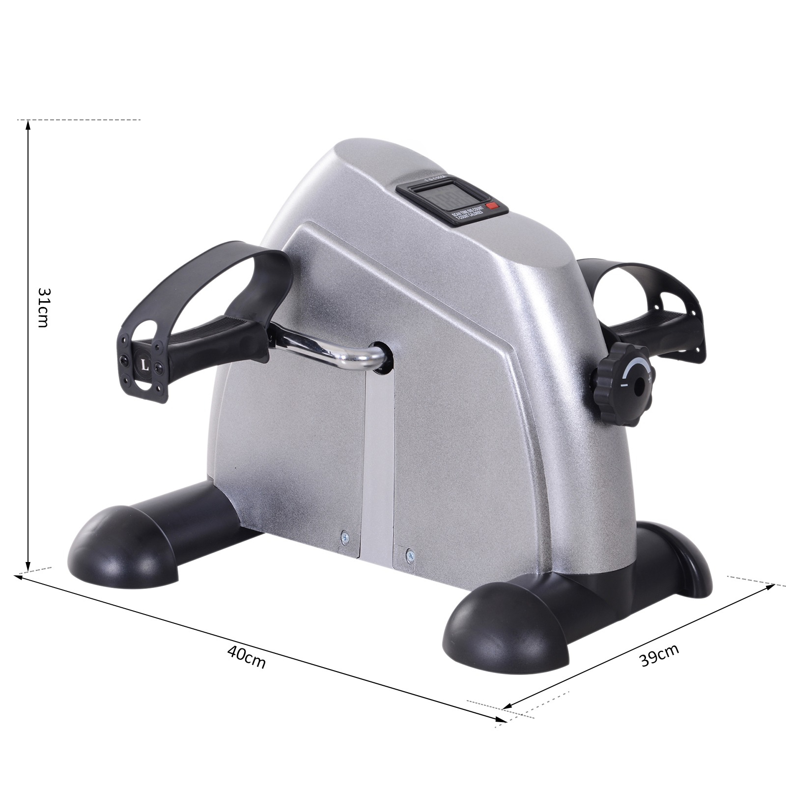 Heimtrainer-Abmessungen: 40 cm x 39 cm, Höhe 31 cm, mit Markierungen auf dem Bild.