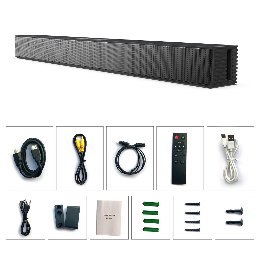 Schwarze Soundbar mit vielen Anschlüssen, verschiedenen Kabeln, Fernbedienung, Schrauben und Handbuch.
