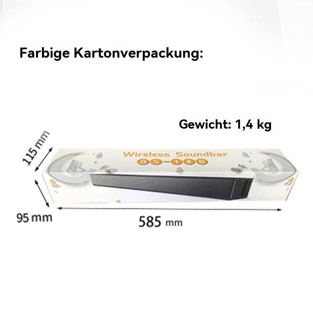 Soundbar-Verpackung mit Abmessungen und Gewicht. Die Box ist weiß mit einer Zeichnung des Produkts.