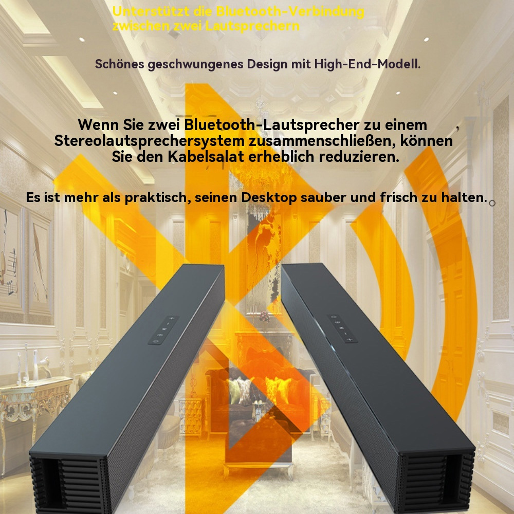 Zwei schwarze Soundbars. Ein goldener Wandhintergrund. Text über das Anschließen von Soundbars zur Kabelreduzierung.