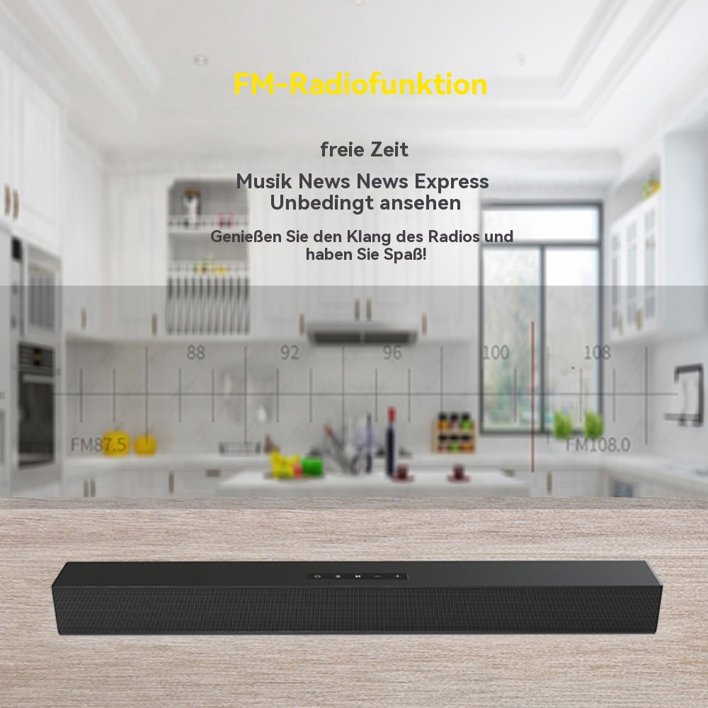 Soundbar auf Holzoberfläche, Küche im Hintergrund. UKW-Radiofrequenzskala vorhanden.