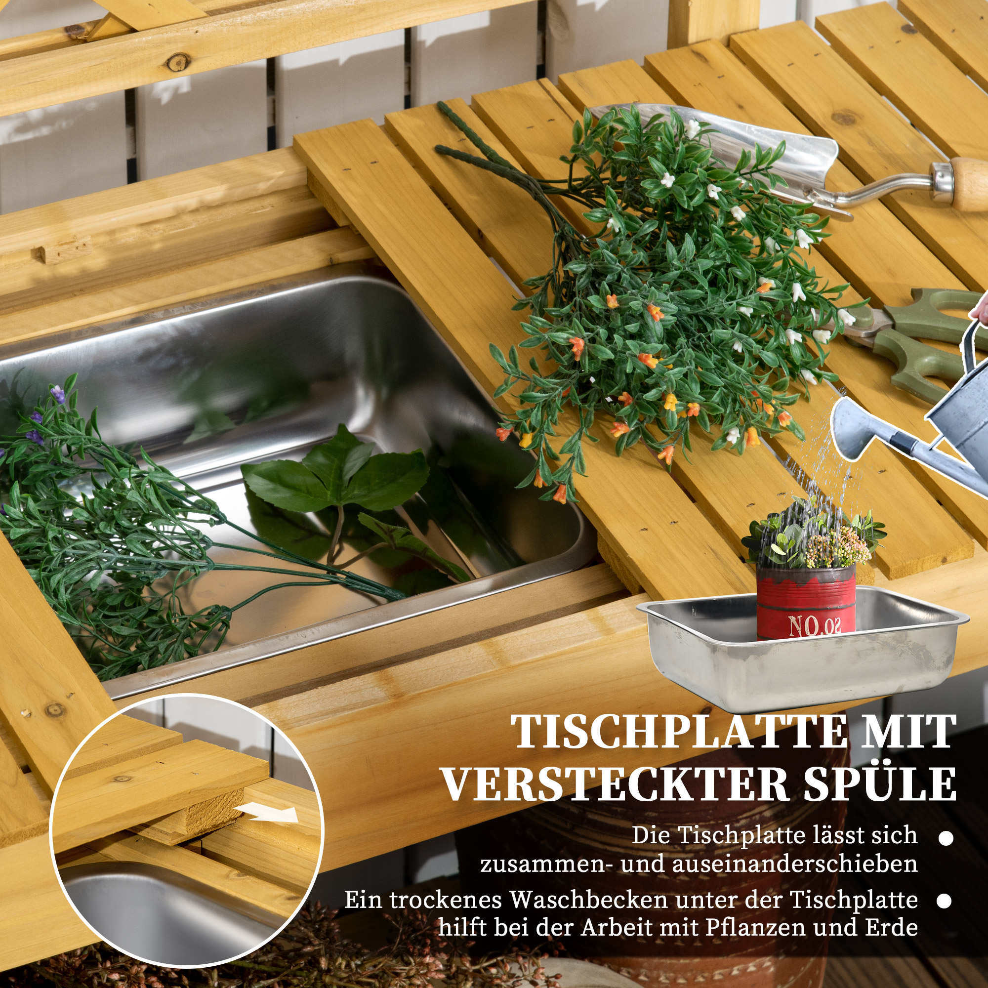Holz-Pflanztisch mit verstecktem Waschbecken. Nahaufnahme zeigt Details. Wasser wird über Pflanze gegossen.