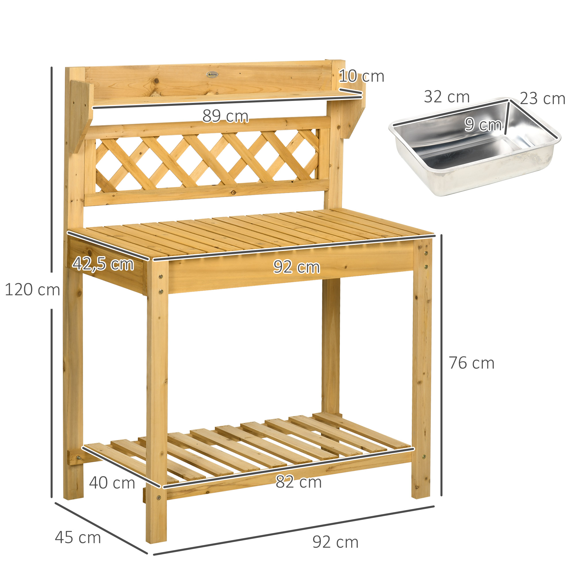 Holz-Pflanztisch mit Maßen. Inklusive Metallschale. Gitterrücken und ein Regal darunter.