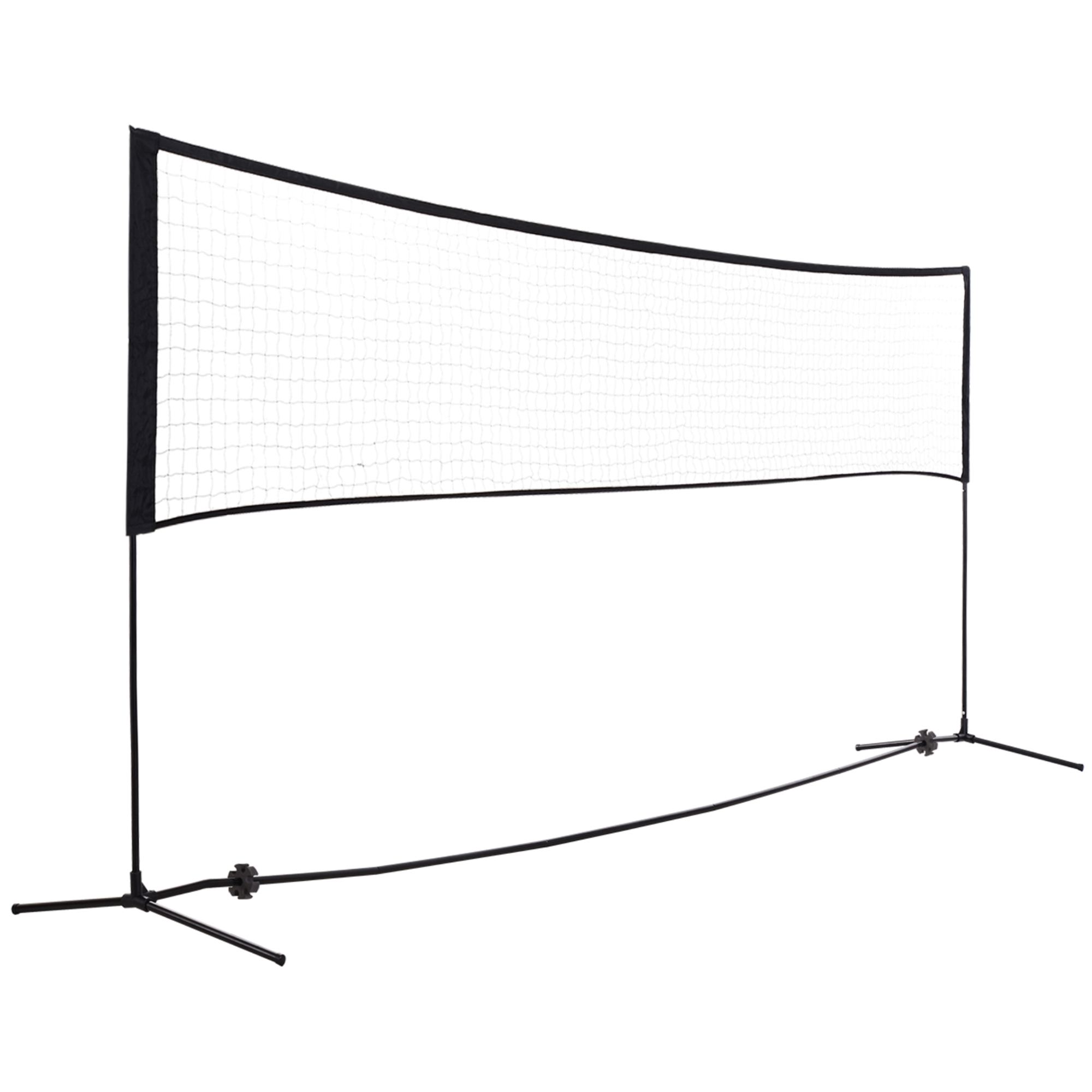 Ein Badmintonnetz mit schwarzen Stangen und einem weißen Netz. Isoliert auf weißem Hintergrund.