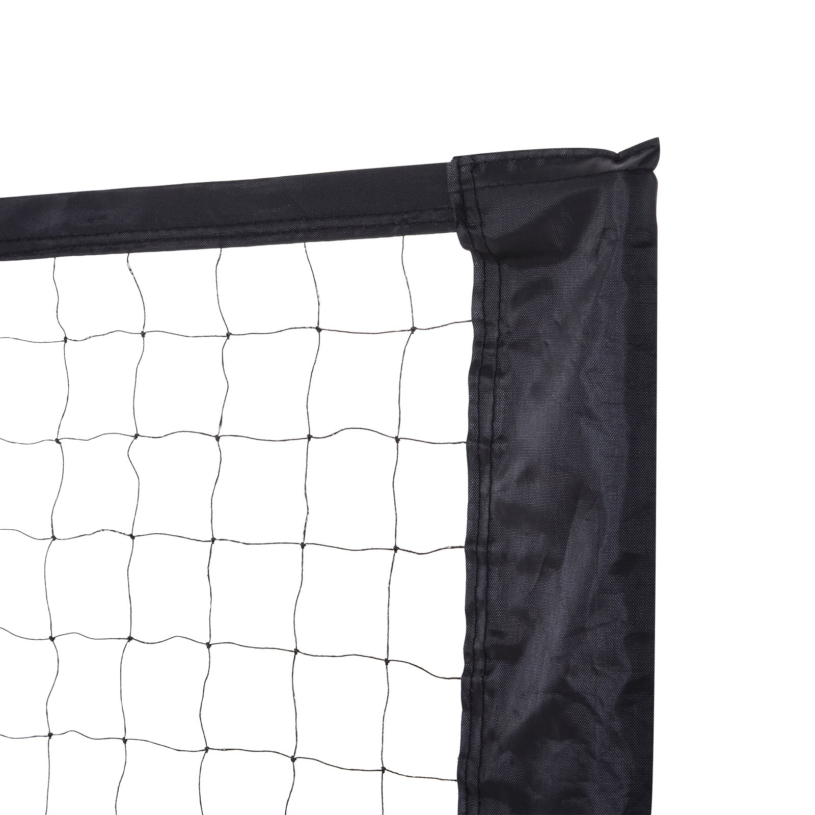 Nahaufnahme eines Badmintonnetzes. Schwarzes Netz mit schwarzem Stoff oben.
