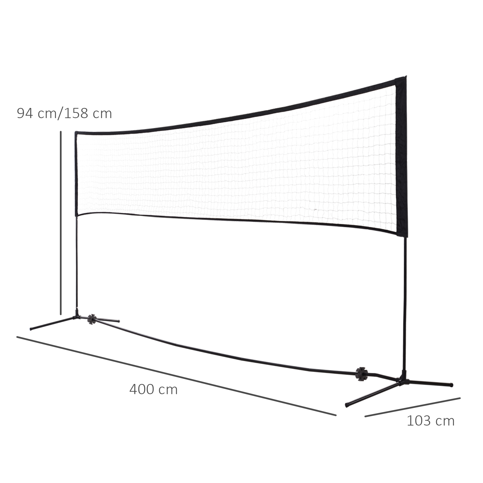 Badmintonnetz-Setup, Maße sind angegeben: 400 cm lang, 94/158 cm hoch und 103 cm Basis.