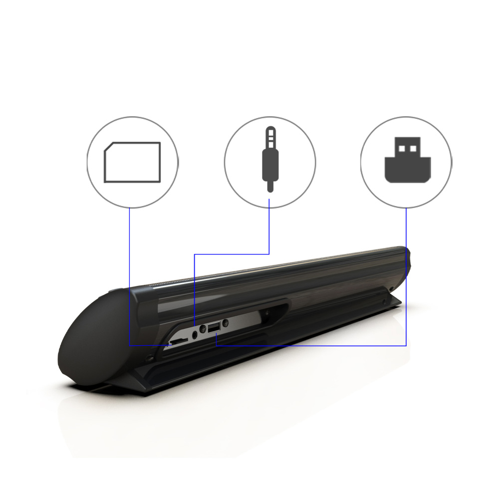 Schwarze Soundbar mit Anschlüssen: SD-Karte, AUX und USB. Isoliert auf weißem Hintergrund.