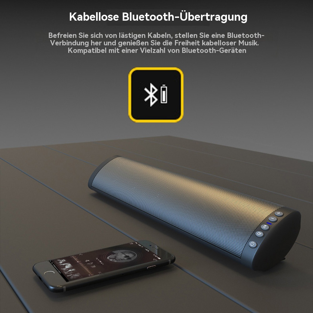 Soundbar mit Smartphone auf einem Tisch. Zeigt Bluetooth und die Verbindung dazwischen.