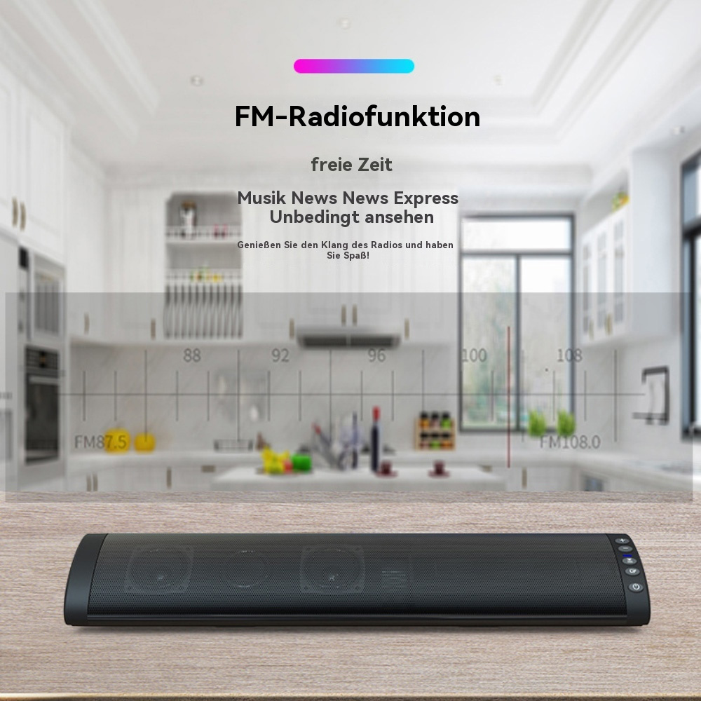 Schwarze Soundbar auf einem Holztisch mit Frequenzanzeige.