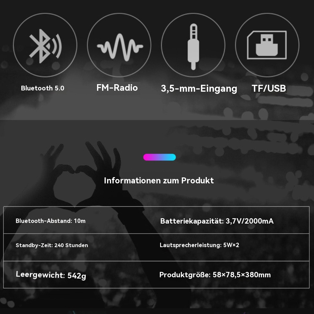 Produktinformationen mit Symbolen und Spezifikationen: Bluetooth, UKW-Radio, Eingang, Batterie.