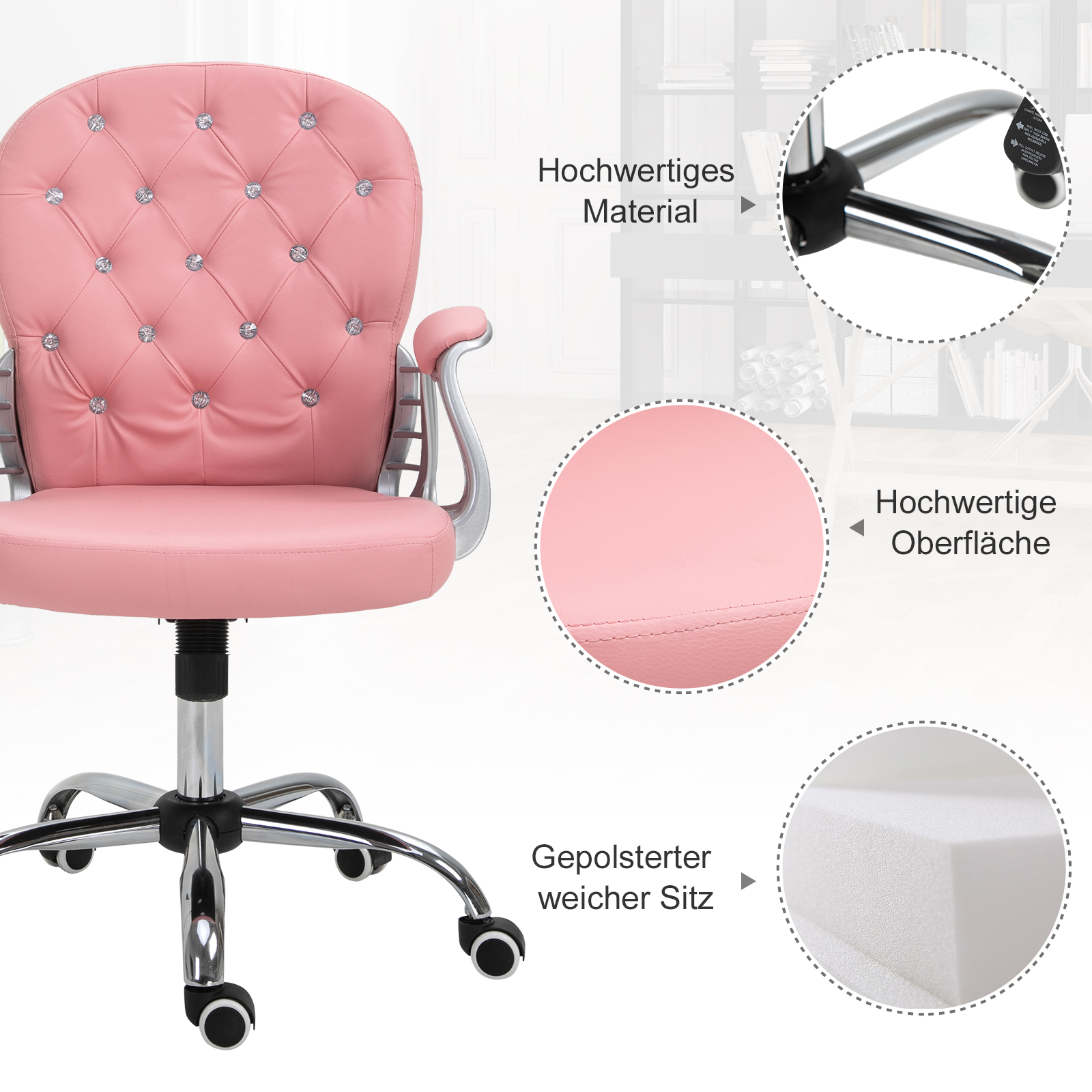 Rosa Bürostuhl mit silbernen Akzenten, diamantartigen Nieten und Nahaufnahme des Materials.