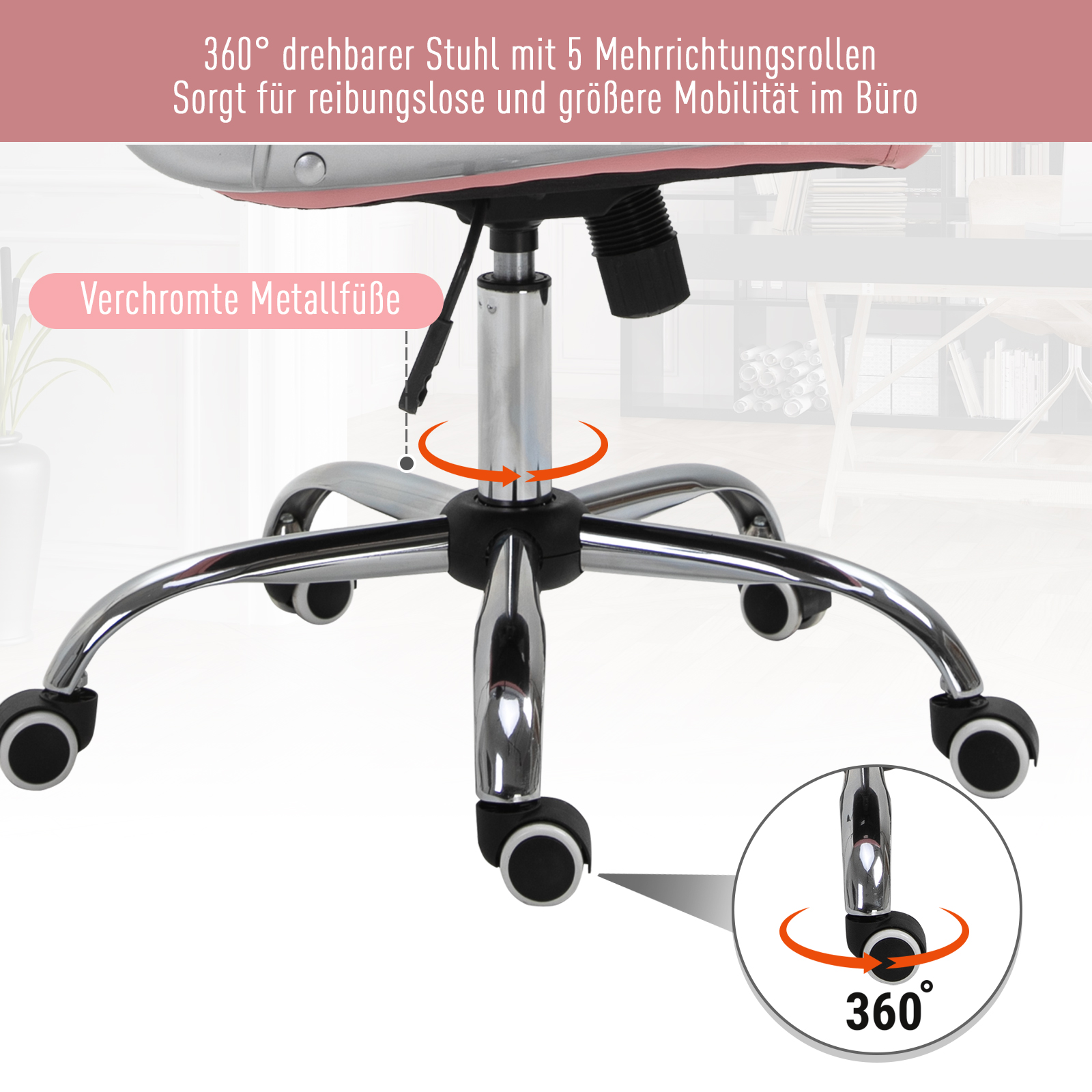 Rosa und silberner Bürostuhl auf Chrombasis. Zeigt 360-Grad-Drehung. Text: Verchromte Metallfüße.