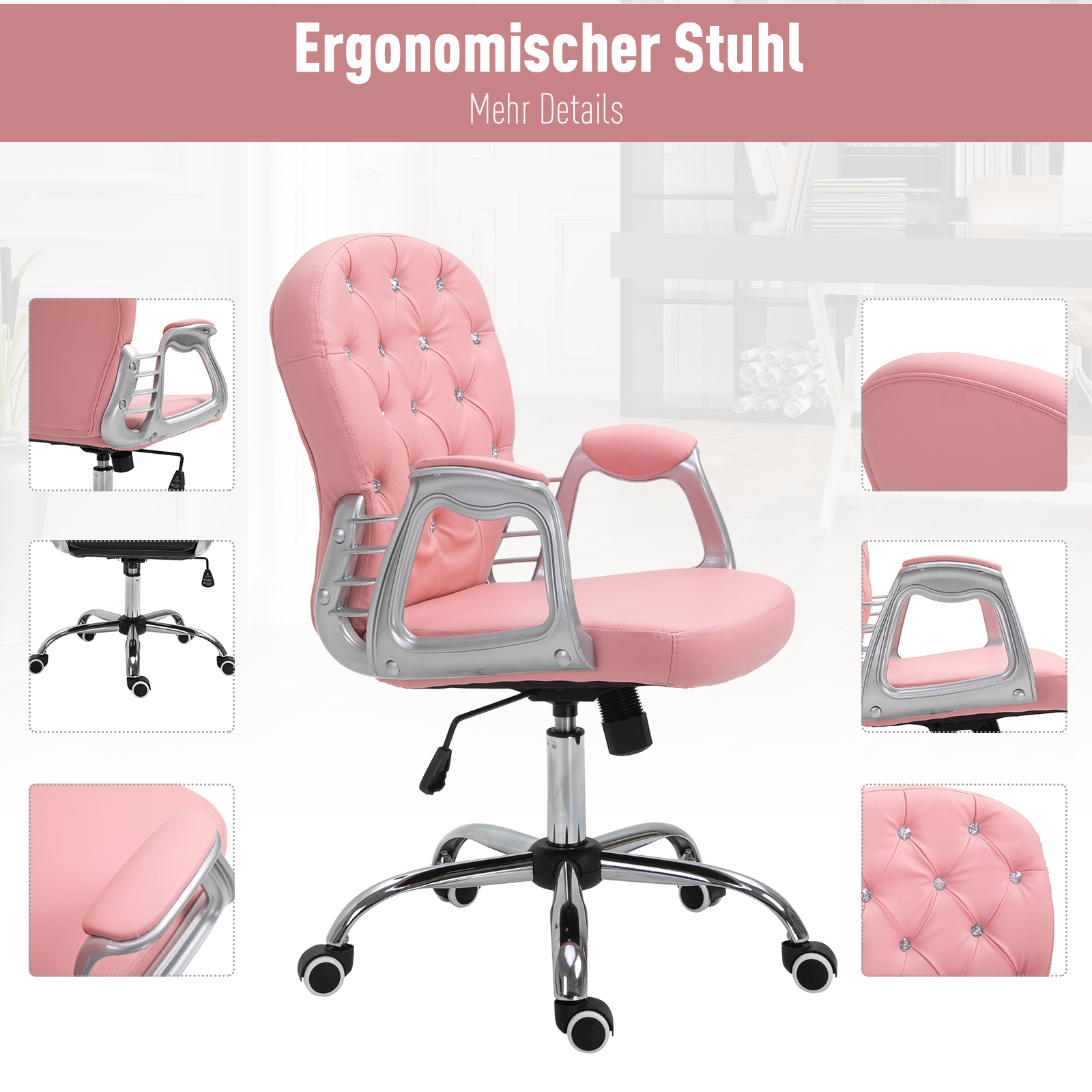 Rosa ergonomischer Stuhl mit mehreren Detailaufnahmen und Beschriftungen.