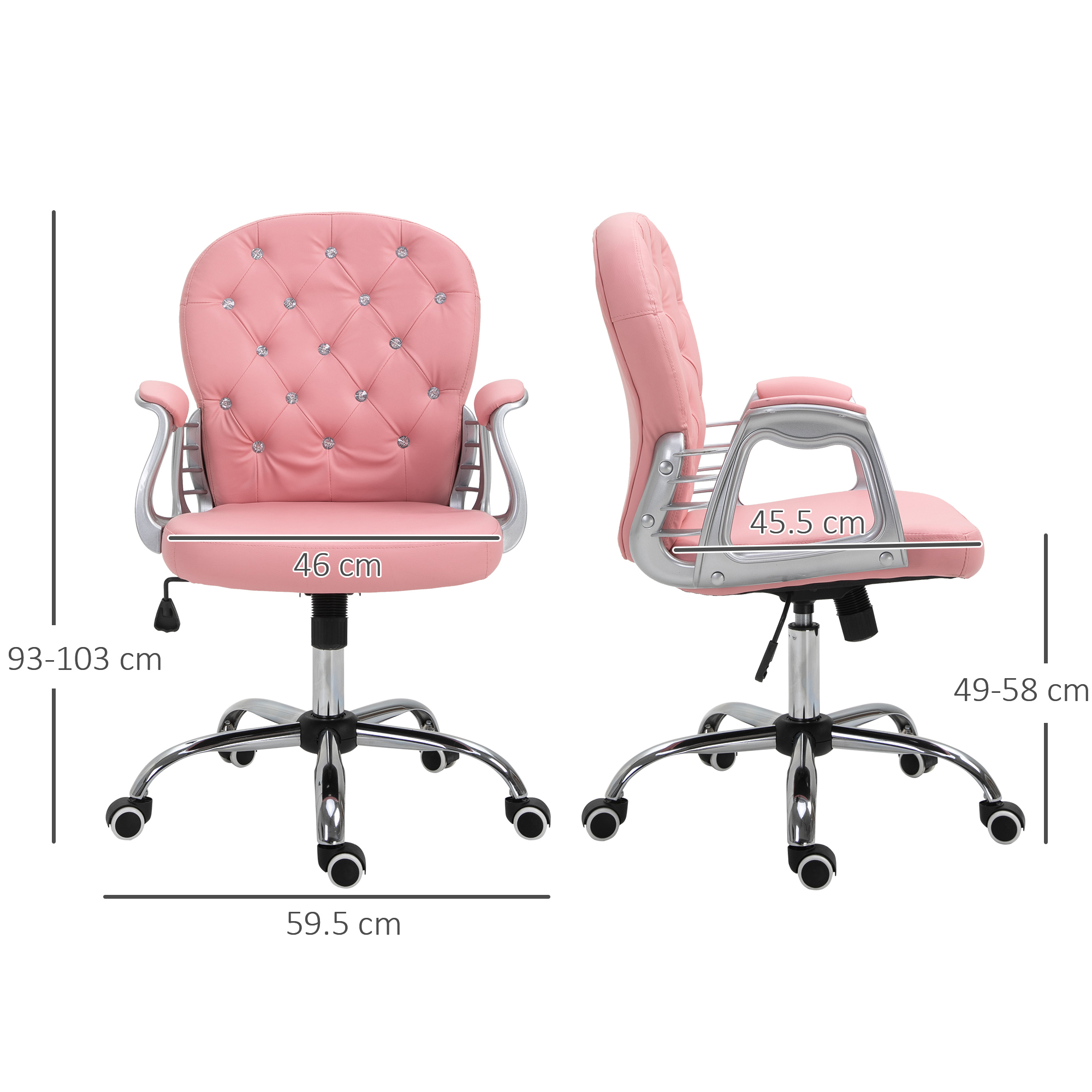 Abmessungen eines rosa Bürostuhls mit Messungen.
