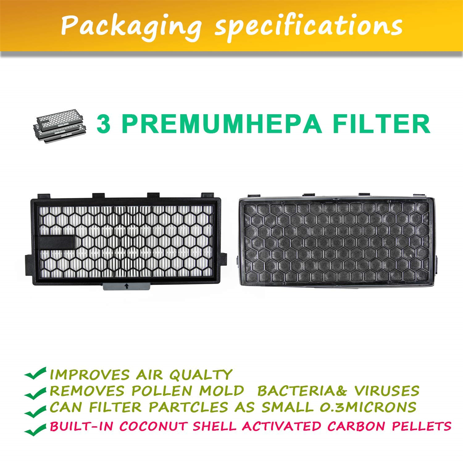 Drei Premium-HEPA-Filter mit Text zu Luftqualität und Filtration.