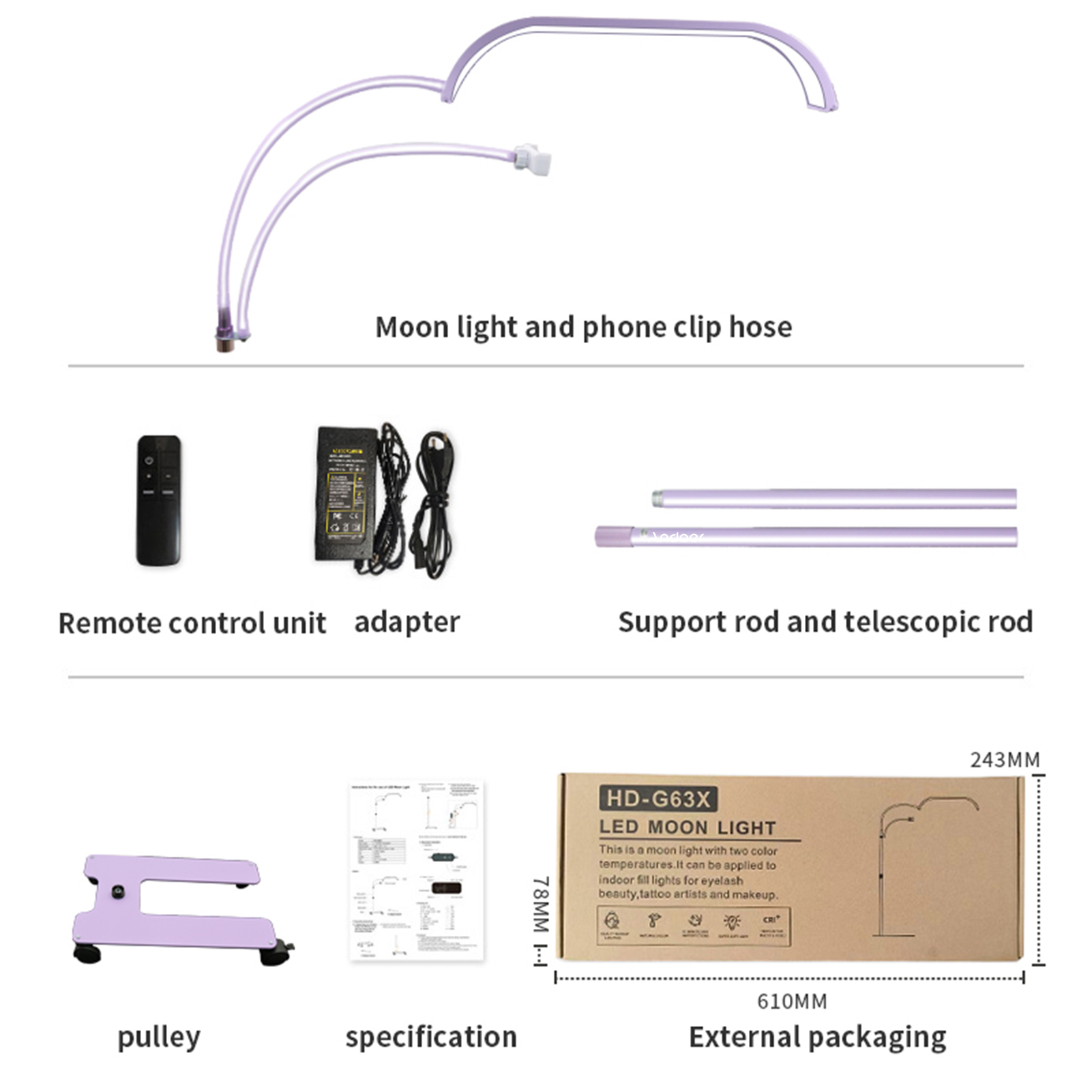 Mondlicht-Set mit Fernbedienung, Adapter, Stützstange und Riemenscheibe.