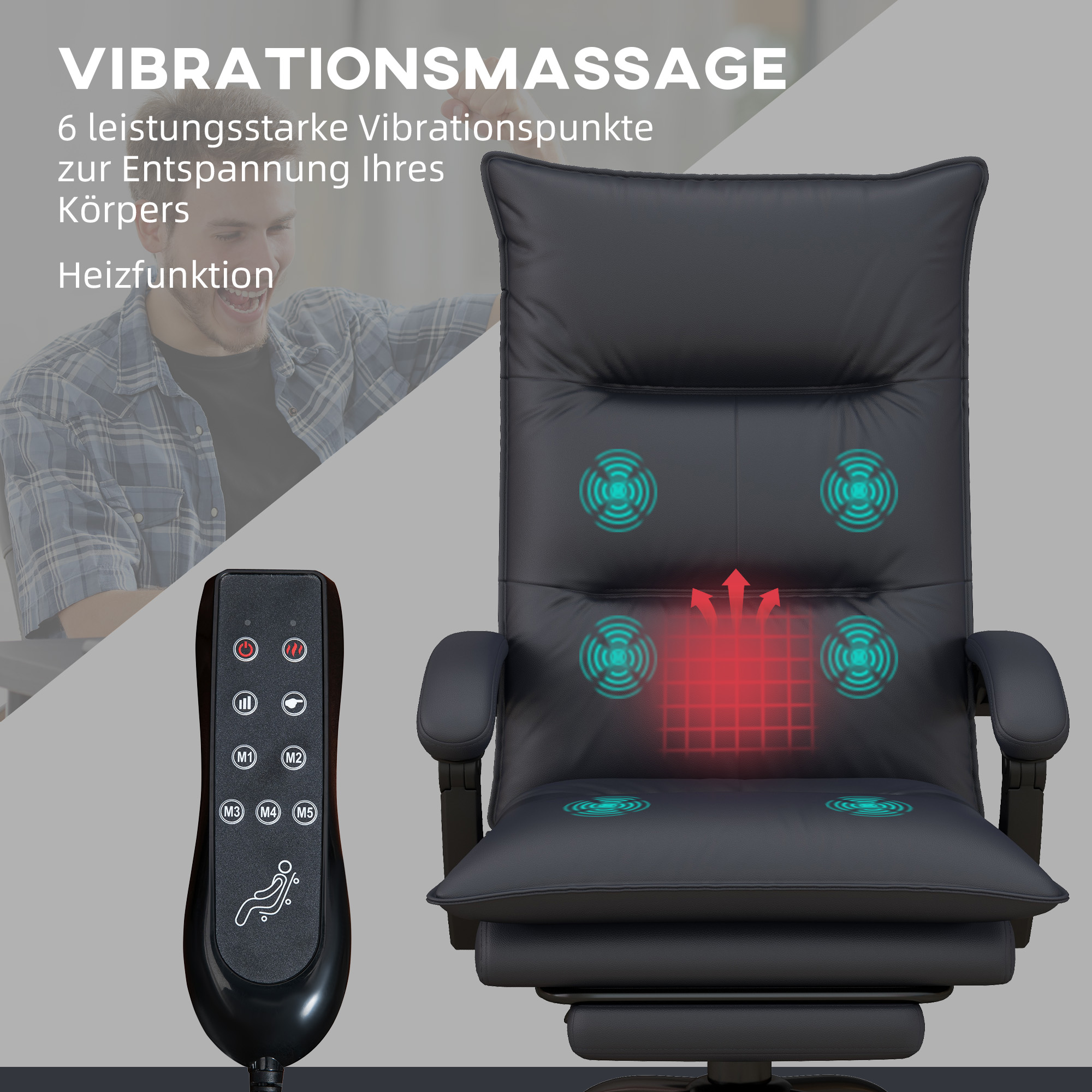 Schwarzer Massagestuhl mit Fernbedienung. Zeigt Diagramme der Vibrationspunkte und Heizfunktion.