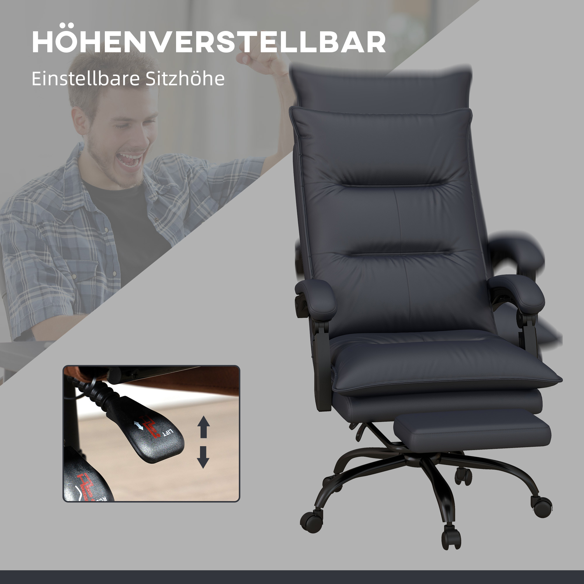 Schwarzer Ledersessel. Ein Mann ist im Hintergrund aufgeregt, mit Text 'Höhenverstellbar'.