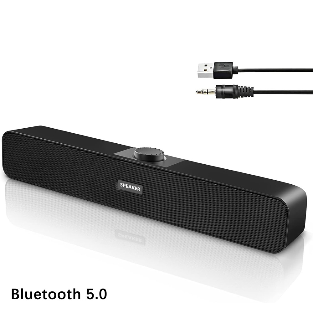 Schwarzer Soundbar-Lautsprecher mit USB- und Audio-Kabeln.